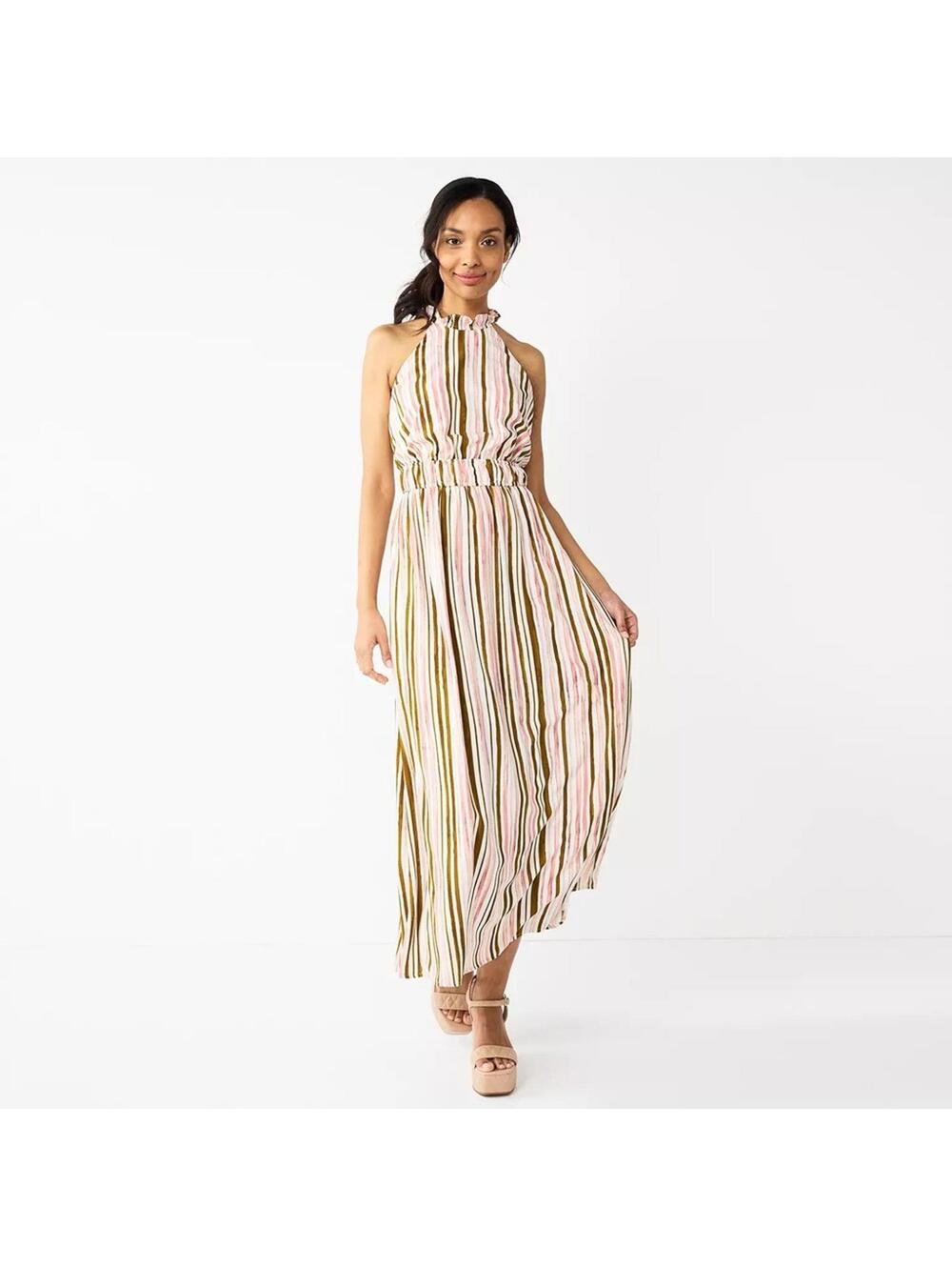 Nine West Multicolor Striped Halter Neck Maxi Dress Large